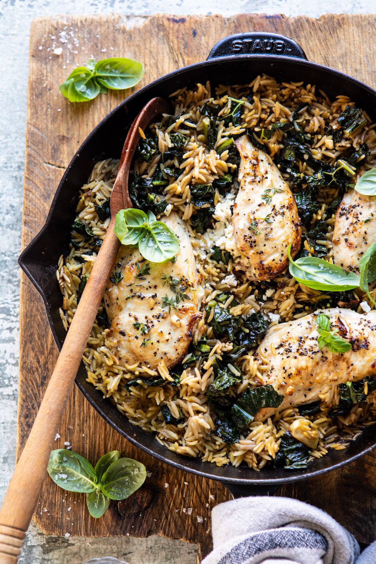 One Skillet Goat Cheese Stuffed Chicken with Orzo