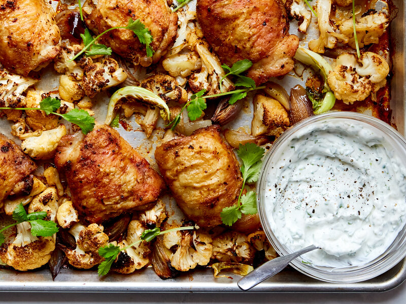 Roasted Chicken with Cauliflower and Herby Yogurt
